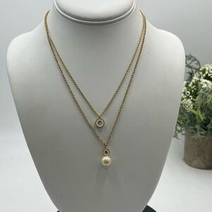 Kate Spade White Pearly Delight Double Pendant Crystal Gold Plated Necklace‎